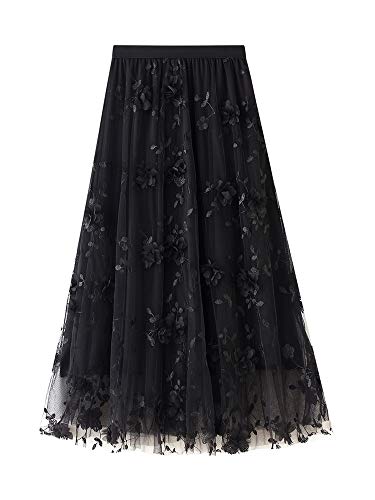 Caziffer Tüllrock A-Linie Maxirock Elastischer Hoher Taille Prinzessin Langer Rock Für Damen Blumenstickerei Einfarbig Mittellanger Swingrock (Schwarz, Einheitsgröße) von Caziffer
