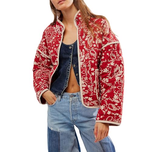 Damen Cropped Floral Steppjacke Cardigan Leichte Boho Print Patchwork Gepolstert Puffer Mantel Herbst Winter, F Rot, M von Caziffer