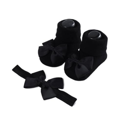 1 Set Baby Headband Socks, Baby Hair Bands Bows for Girls Soft Bow Headwear Non-Slip Socks Elastic Hair Bands Cotton Infant Socks (Schwarz) von Cazqgoy