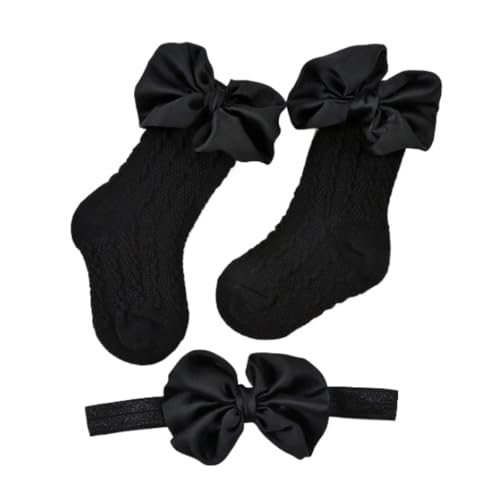 1 Set Baby Headband Socks, Baby Hair Bands Bows for Girls Soft Bow Headwear Non-Slip Socks Elastic Hair Bands Cotton Infant Socks (Schwarz) von Cazqgoy
