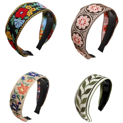 4pcs Boho Headbands Wide Hair Band,Wide Fabric Flower Embroidery Headbands Vintage Ethnic Headpiec,Boho Handmade Embroidery Bohemia Flowers Wide Vintage Ethnic Style Hair Band von Cazqgoy