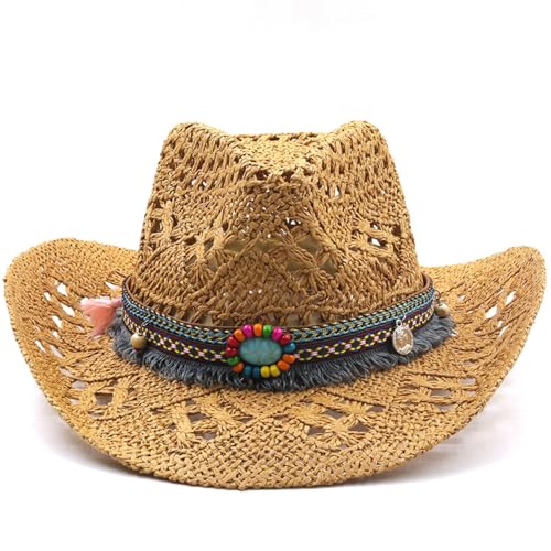 Cazqgoy Cowboy Hat Western Cowgirl Hats for Women Men Straw Hat Western Hat Brazilian Bohemian Panama Hats Summer Hat Sun Hat Beach Hat (Khaki) von Cazqgoy