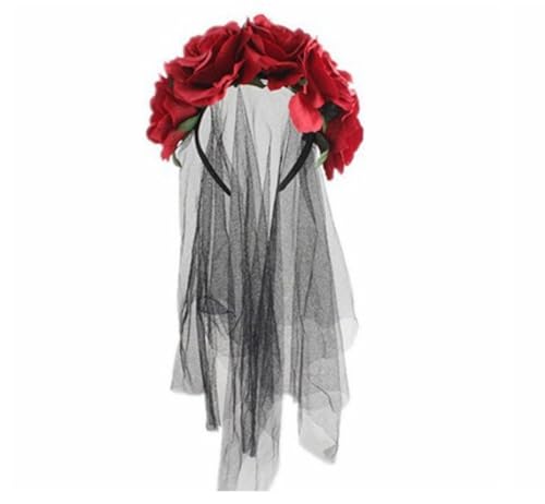 Halloween Rose Headdress Flower Headband,Rose Flower Wreath Bridal Veil Halloween Headwear (Rot) von Cazqgoy