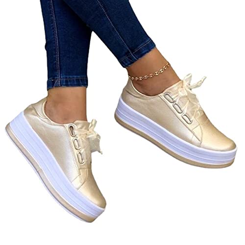 Runde Zehe Keile Turnschuhe für Frauen Klassisch Plateau Niedrig geschnitten Orthesen Gehen Kleid Schuhe Mode Geschnürt Leichtes Gewicht Atmungsaktiv Flach Loafer (Color : Gold, Size : 37 EU) von CcacHe