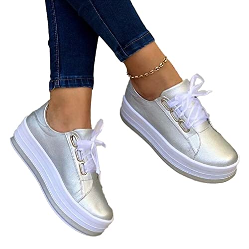 Runde Zehe Keile Turnschuhe für Frauen Klassisch Plateau Niedrig geschnitten Orthesen Gehen Kleid Schuhe Mode Geschnürt Leichtes Gewicht Atmungsaktiv Flach Loafer (Color : Silver, Size : 37 EU) von CcacHe