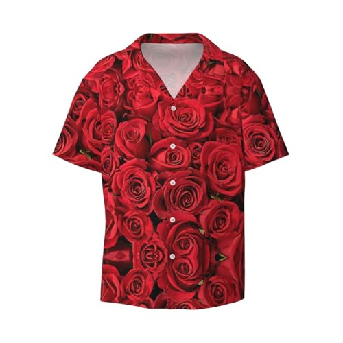 Cchgkpd Red Rose Print Herren Kurzarm Button-Down-Shirt Faltenfrei Leichter Komfort für Sommer Freizeitkleidung mit Taschen, Schwarz , XXL von Cchgkpd