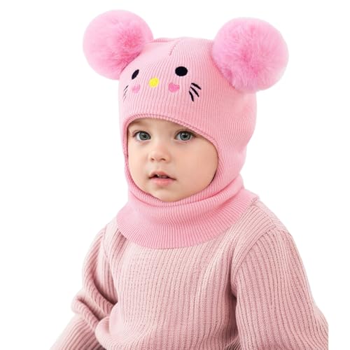 3-in-1-Schal Mütze Ohrenschützer Winter Strickmütze Kindermütz Schlupfmütze Kinder Baby Wintermütze Strickmütze Kapuze Weiche Schalmütze mit Doppelt mit Bommel Pom Pom Jungen Mädchen 1-8 Jahre von Ccomage