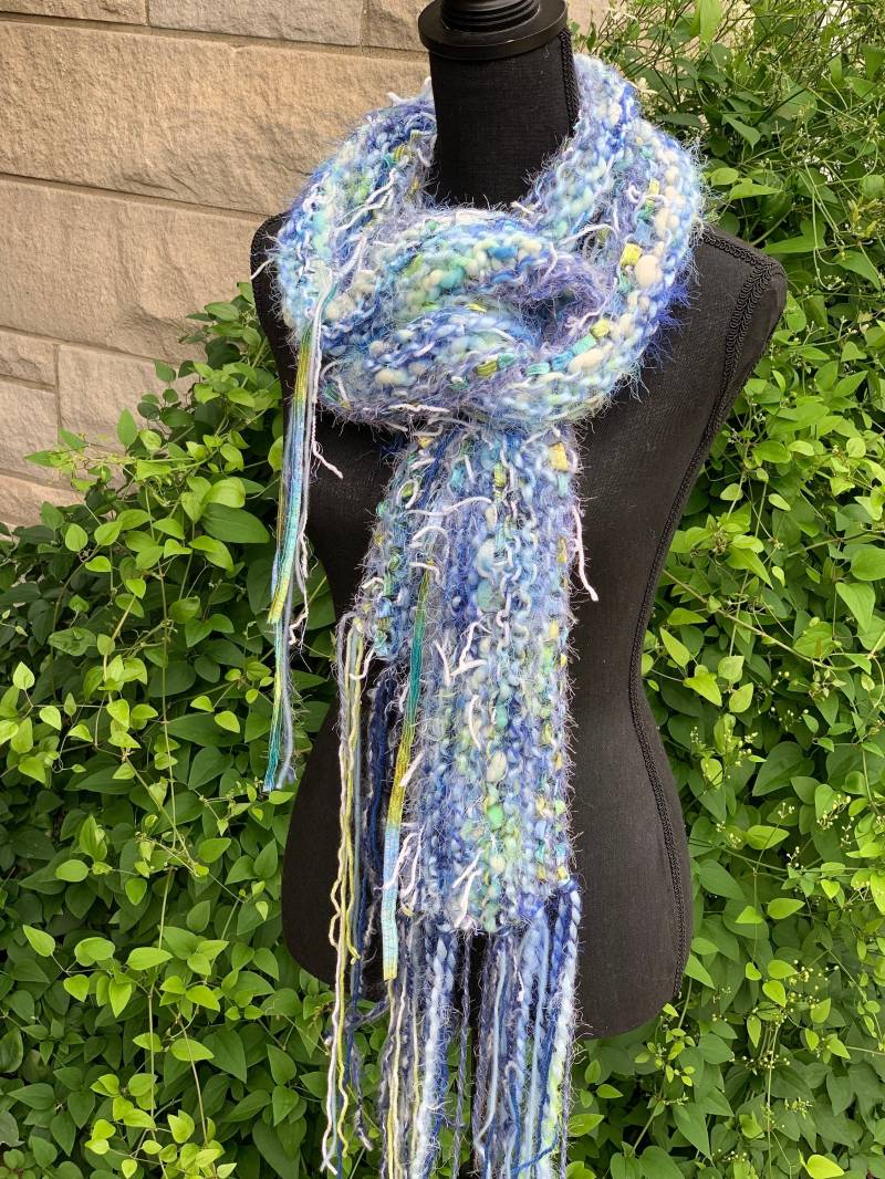Strickschal/Chunky Boho Strickschal/Häkelschal/Boho Style Schal/Extra Lange Fransen Schal/Blau Töne/Fransen Akzente Kostenloser Versand von CdCkDesign