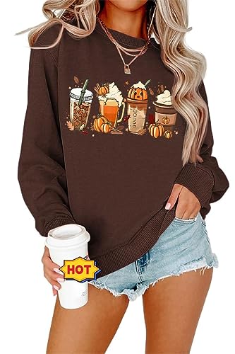 Cdiecer Frauen Halloween Sweatshirt Kürbis Kaffee Grafik Shirts Retro Herbst Sweatshirt Thanksgiving Geschenk Langarm Pullover, 01-Kaffee, M von Cdiecer