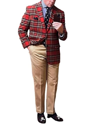 Cdkoke Herren Anzug Schottland Karierte Tweed Jacke und solide Hose 2 Stück Smoking für Bankett Party Prom von Cdkoke