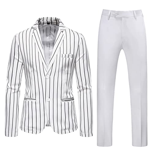Cdkoke Herren Zwei Knöpfe Anzug Streifen Jacke und weiße Hose für Aktivität Uniform Zweiteiliges Set von Cdkoke