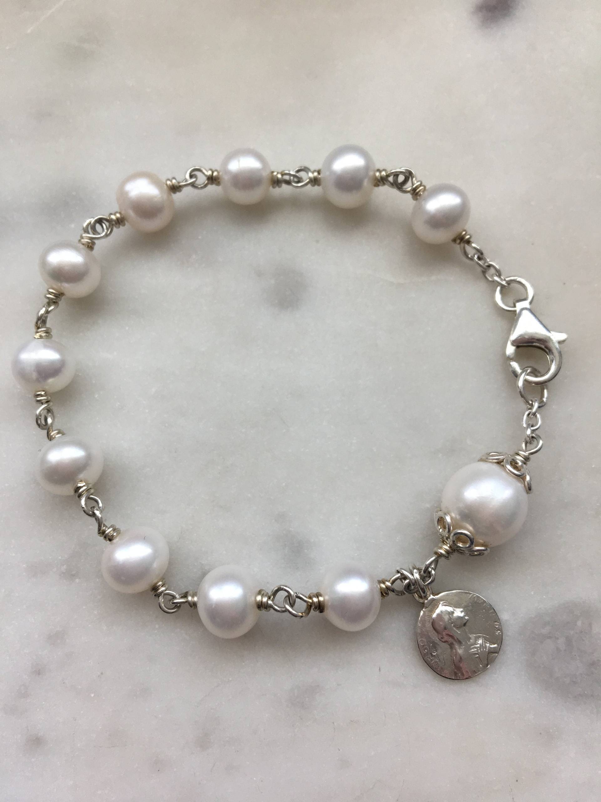 Handgemachtes Sterling Silber Süßwasser Perle Rosenkranz Armband Handgemachtes Sterling Silber Süßwasser Perle Rosenkranz Armband von CeCeAgnes