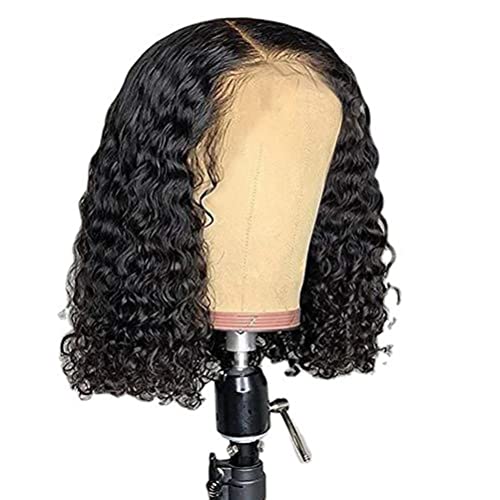 Kurze Bob Perücken, Frauen Kurze Bob Haar Lockige Perücken Deep Wave Remy Virgin Human Hair Wig Black von CeFoney