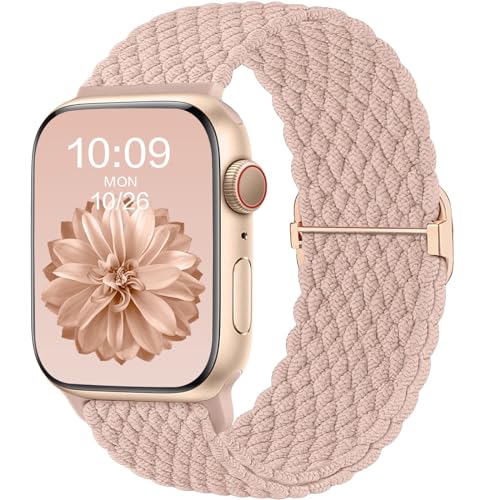 CeMiKa Kompatibel mit Apple Watch Armband 40mm 42mm 41mm 38mm Damen Herren, Geflochtenes Elastisches Solo Loop Nylon Band für iWatch Series 10 9 8 7 6 5 4 3 2 1 SE Ultra 2 1, Sand Rosa von CeMiKa