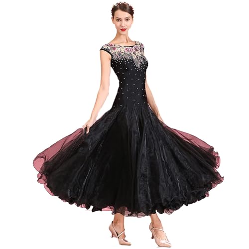 CeNna Walzer, modernes Performance-Tanz-Outfit, Stickerei, Flamenco-Gesellschaftstanz-Kleider für Damen, Tango, Foxtrott, Tanzbekleidung (X-Large,Black) von CeNna