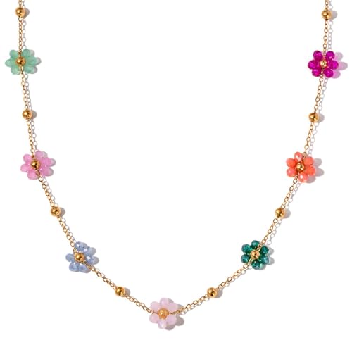 CeaBulo Kristallblumenschmuck Farbenfrohe Blumenkette/Armband Gold Farbperlen Kettenzubehör Für Hochzeiten Und Tägliche Outfits Titanien Stahlschmuck von CeaBulo