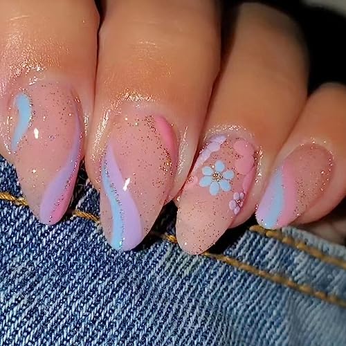 24 Stück Blume Nägel Zum Aufkleben Kurz, Mandel Französische Kunstnägel Press on Nails Glitzer Falsche Nägel Acryl Drücken Sie auf Nagelspitzen für Frauen und Mädchen von Ceboic