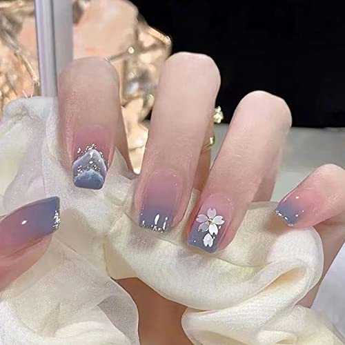 24 Stück Eckig Nägel Zum Aufkleben Kurz, Blau Gradient French Künstliche Nägel, Natural Kunstnägel Press on Nails mit Schneeflocke Design, Square Fingernägel Fake Nails für Frauen und Mädchen von Ceboic