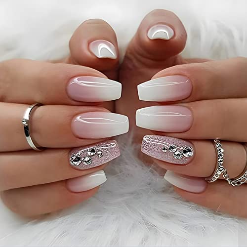 24 Stück Eckig Nägel Zum Aufkleben Kurz, Glänzend Rosa French Künstliche Nägel, Ballerina Natural Kunstnägel Press on Nails mit Strass Design, Square Fingernägel Fake Nails für Frauen und Mädchen von Ceboic