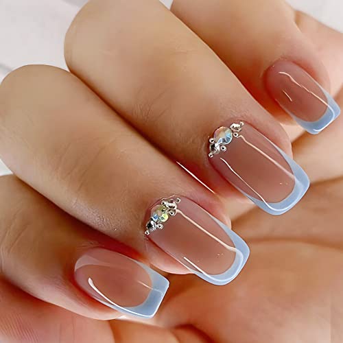 24 Stück Eckig Nägel Zum Aufkleben Kurz, Glitzer French Künstliche Nägel, Ballerina Natural Kunstnägel Press on Nails mit Blau Grenze Design, Square Fingernägel Fake Nails für Frauen und Mädchen von Ceboic