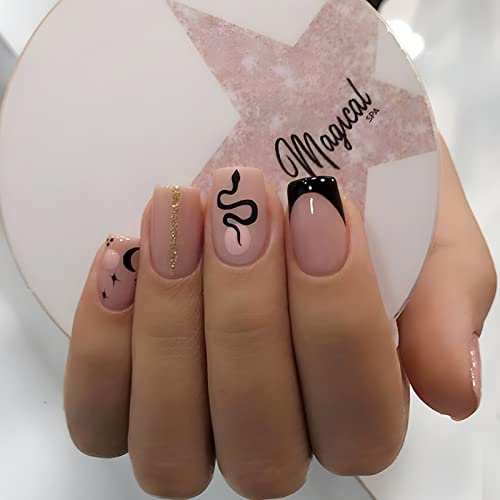 24 Stück Eckig Nägel Zum Aufkleben Kurz, Nude Schwarz French Künstliche Nägel, Ballerina Natural Kunstnägel Press on Nails mit Schlange Design, Square Fingernägel Fake Nails für Frauen und Mädchen von Ceboic