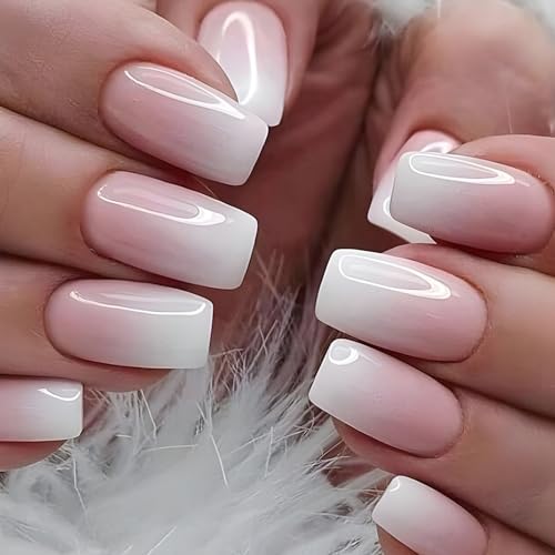 24 Stück Eckig Nägel Zum Aufkleben Kurz, Rosa Farbverlauf French Künstliche Nägel, Ballerina Natural Kunstnägel Press on Nails, Full Cover Square Fingernägel Fake Nails für Frauen und Mädchen von Ceboic