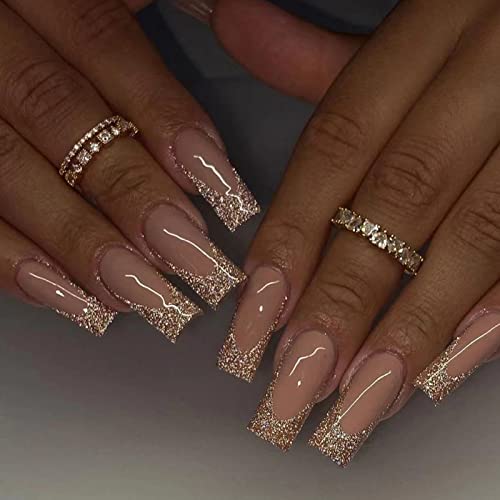 24 Stück Eckig Nägel Zum Aufkleben Mittellang, Rosa Gold Glitzer French Künstliche Nägel Press on Nails, Glänzend Kunstnägel Acryl Fingernägel Fake Nails für Frauen und Mädchen von Ceboic