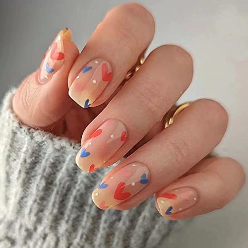 24 Stück Valentinstag Falsche Nägel Eckig Kurz, Rot Blau Liebe Herz Kunstnägel Press on Nails, French Kunstnägel Nägel Zum Aufkleben mit Design, Glossy Fingernägel Fake Nails für Frauen und Mädchen von Ceboic