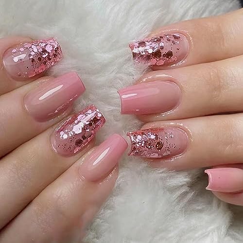 24 Stück Falsche Nägel Kurz Eckig Press on Nails, French Rosa Glänzend Kunstnägel Nägel Zum Aufkleben mit Design, Wiederverwendbar Natürliche Acryl Fingernägel Fake Nails für Frauen und Mädchen von Ceboic