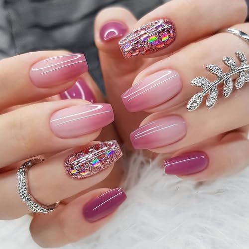 24 Stück Falsche Nägel Lila Farbverlauf Press on Nails Sarg Kurz French Tips Künstliche Nägel Full Cover Kunstnägel Nägel Zum Aufkleben Natürliche Acryl Fingernägel Fake Nails für Frauen und Mädchen von Ceboic