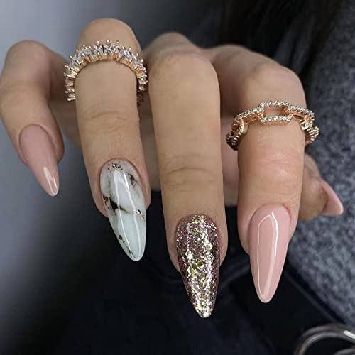 24 Stück Falsche Nägel Mandel Kurz, Glänzend Marmor Nägel Zum Aufkleben French Tip Kunstnägel Press on Nails mit Design, Acryl Künstliche Nägel Fingernägel Fake Nails für Frauen und Mädchen von Ceboic