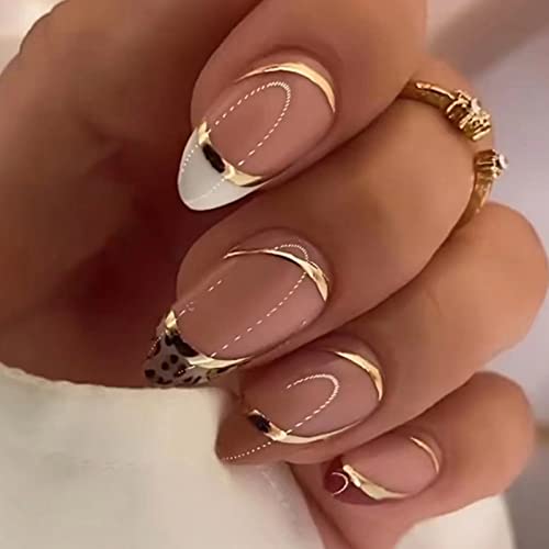 24 Stück Falsche Nägel Mandel Kurz, Glänzend Nägel Zum Aufkleben French Tip Kunstnägel Press on Nails mit Leopardenmuster Design, Acryl Künstliche Nägel Fingernägel Fake Nails für Frauen und Mädchen von Ceboic