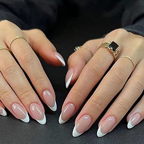 24 Stück Falsche Nägel Mandel Kurz, Nude Weiß Nägel Zum Aufkleben Französische Tip Kunstnägel Press on Nails mit Design, Acryl Künstliche Nägel Fingernägel Fake Nails für Frauen und Mädchen von Ceboic