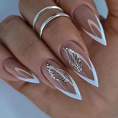 24 Stück Falsche Nägel Mandel Kurz, Rosa & Weiß Nägel Zum Aufkleben French Kunstnägel Press on Nails mit Flügel Design, Stiletto Acryl Künstliche Nägel Fingernägel Fake Nails für Frauen und Mädchen von Ceboic