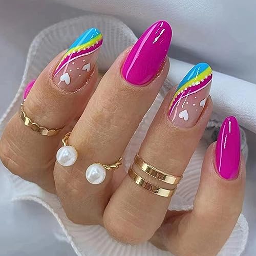 24 Stück Falsche Nägel Mandel Mittel, French Bunte Welle Künstliche Nägel mit Herz Design, Glossy Oval Kunstnägel Nägel Zum Aufkleben, Acryl Fingernägel Fake Nails Kurz für Frauen Mädchen von Ceboic