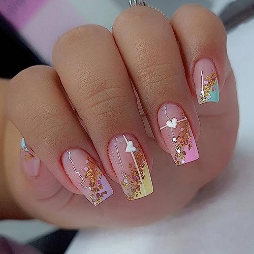 24 Stück Falsche Nägel Regenbogen Liebe Press on Nails Eckig Mittel French Künstliche Nägel Full Cover Kunstnägel Nägel Zum Aufkleben Natürliche Acryl Fingernägel Fake Nails für Frauen und Mädchen von Ceboic