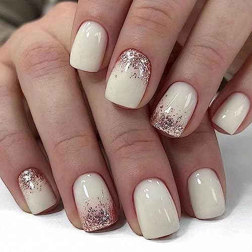 24 Stück Falsche Nägel Weiß Glitzer Press on Nails Eckig Kurz French Künstliche Nägel Vollabdeckung Kunstnägel Nägel Zum Aufkleben Natürliche Acryl Fingernägel Fake Nails für Frauen und Mädchen von Ceboic