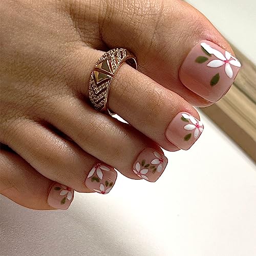 24 Stück Falsche Zehennägel Kurze Quadratische, 12 Größen Nude Künstliche Fußnägel Tips mit Blumen & Blätter Designs, Französische Zehennägel zum Aufkleben Acryl Toe Nails für Damen Frauen von Ceboic