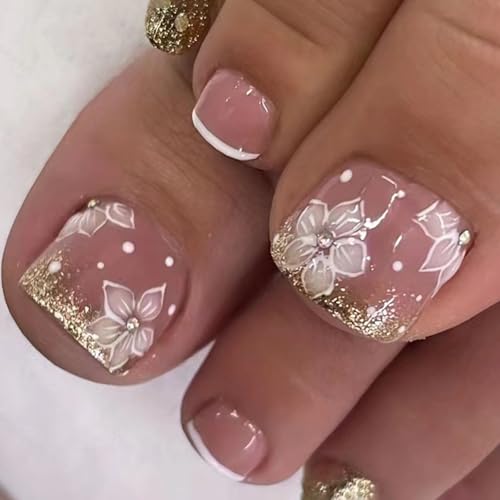 24 Stück Französisch Fußnägel zum Aufkleben, Square Kurz 3D Blume Künstliche Zehennägel, Glitzer Strass Fussnägel zum Kleben, Sommer Falsche Zehennägel Acryl Full Cover Toenails für Frauen Mädchen von Ceboic