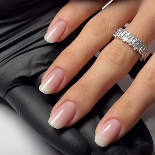 24 Stück French Press on Nails, Eckig Nägel Zum Aufkleben Kurz Nude Pink Farbverlauf Künstliche Nägel mit Nagelkleber Aufkleber, Natürlich Kunstnägel Acryl Fingernägel Fake Nails für Frauen Mädchen von Ceboic