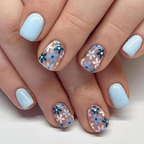 24 Stück French Press on Nails Kurz- Square Blaue Blumen Künstliche Nägel - Natürlich Eckig Falsche Nägel - Full Cover Kunstnägel Glänzend Acryl Fingernägel Zum Aufkleben für Frauen & Mädchen Nail Art von Ceboic