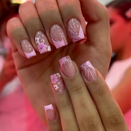 24 Stück French Press on Nails Kurz- Square Rosa Blumen Künstliche Nägel - Natürlich Eckig Falsche Nägel - Full Cover Kunstnägel Glänzend Acryl Fingernägel Zum Aufkleben für Frauen & Mädchen Nail Art von Ceboic