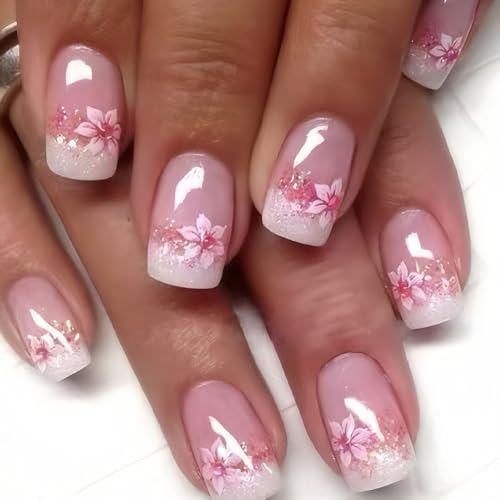 24 Stück French Press on Nails - Kurze Quadratische Künstliche Nägel - Nude Rosa Pfirsichblüte Falsche Nägel - Full Cover Kunstnägel Glänzend Acryl Fingernägel Zum Aufkleben für Frauen & Mädchen von Ceboic