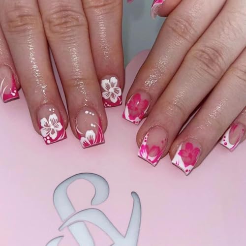 24 Stück French Press on Nails - Kurze Quadratische Künstliche Nägel - Rosa Weiß Blumen Falsche Nägel - Full Cover Kunstnägel Glänzend Acryl Fingernägel Zum Aufkleben für Frauen & Mädchen von Ceboic