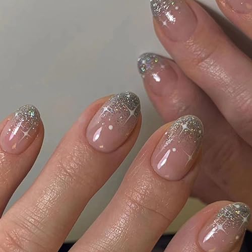 24 Stück French Press on Nails Mandel Kurz, Silbern Glänzend Künstliche Nägel mit Design, Oval Kunstnägel Nägel Zum Aufkleben Glossy Acryl Fingernägel Fake Nails für Frauen Mädchen von Ceboic