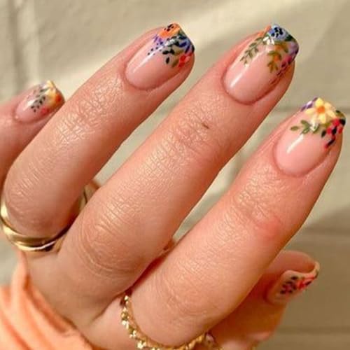 24 Stück French Tip Press on Nails - Kurze Quadratische Künstliche Nägel - Nude Rosa Falsche Nägel - Full Cover Kunstnägel Sommer Blumen Acryl Fingernägel Zum Aufkleben für Frauen Mädchen von Ceboic