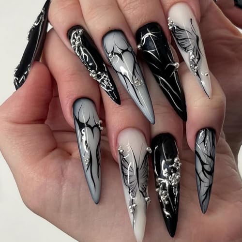24 Stück Gothic Schwarz Nägel zum Aufkleben Lang Stiletto, French Press on Nails Natürlich Künstliche Nägel mit Liebe Schmetterling, Acryl Kunstnägel Fake Nails Fingernägel zum Aufkleben für Frauen von Ceboic