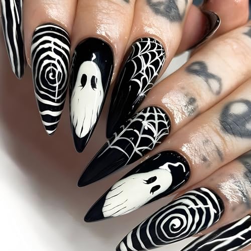 24 Stück Halloween French Press on Nails Mandel Lang, Schwarz Falsche Nägel mit Spinnennetz Geister Design, Acryl Künstliche Fingernägel, Natürliche Stiletto Kunstnägel Nägel Zum Aufkleben für Frauen von Ceboic