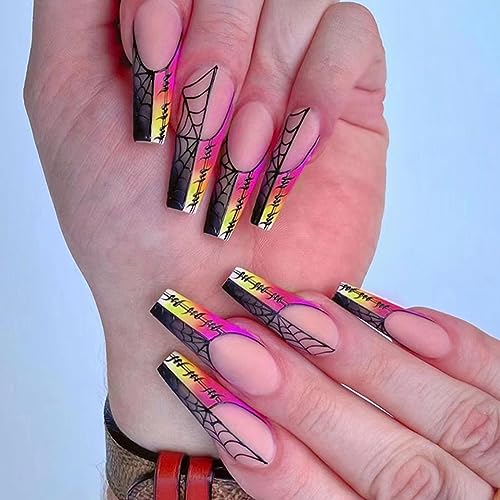 24 Stück Halloween Künstliche Nägel Zum Aufkleben Sarg Lang, Rainbow Gradient Press on Nails mit Klebepads, Ballerina Spinnennetz Kunstnägel Natürlich Acryl Falsche Nägel für Frauen und Mädchen von Ceboic