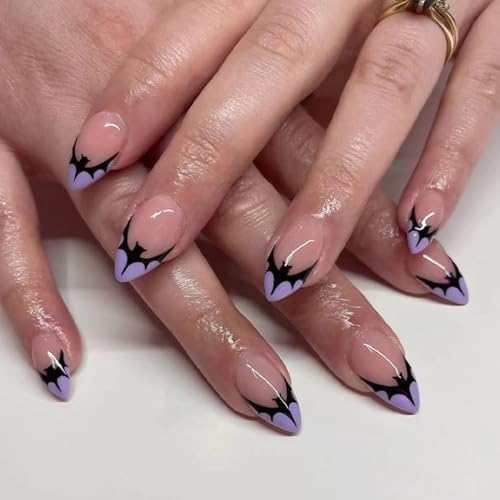 24 Stück Halloween Lila French Nägel zum Aufkleben Kurz Mandel Press on Nails mit Fledermaus Pattern Full Cover Künstliche Nägel Ballerina Acrylic Fake Nails für Frauen und Mädchen von Ceboic